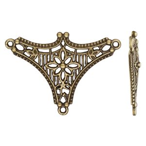 Connector, antique brass-finished "pewter" (zinc-based alloy), 43x31.5mm single-sided Y-connector with flower and 2 closed loops. Sold per pkg of 4.