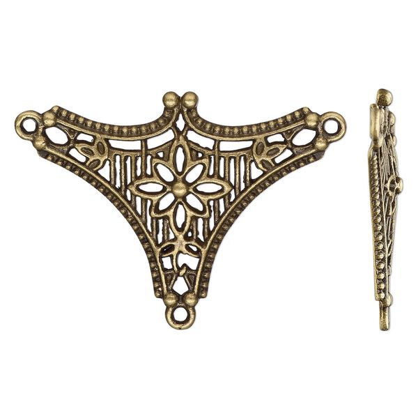 Connector, antique brass-finished "pewter" (zinc-based alloy), 43x31.5mm single-sided Y-connector with flower and 2 closed loops. Sold per pkg of 4. image number 0