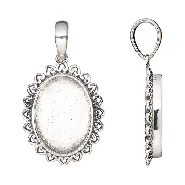 Pendant, antiqued sterling silver, 24.5x19mm oval with heart rim and 18x13mm oval bezel setting. Sold individually. image number 0