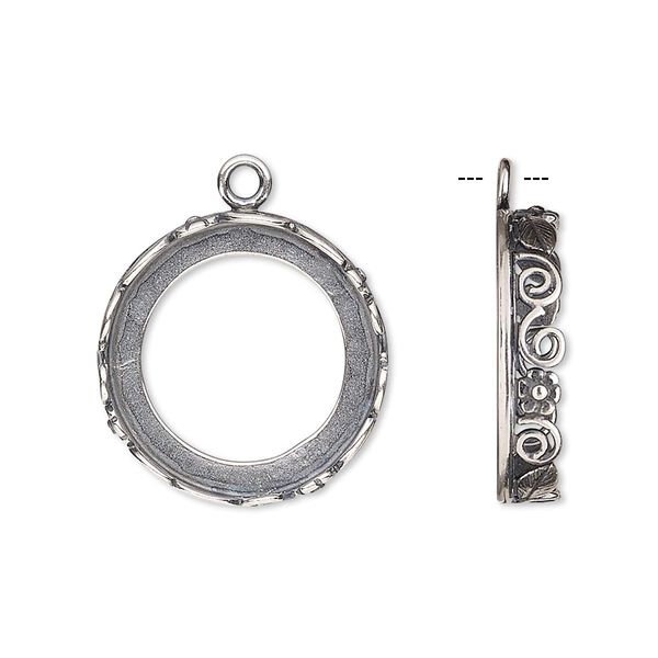 Drop, JBB Findings, antique silver-plated brass, 20mm round with open back and flower and leaf design trim, 18mm round bezel setting. Sold per pkg of 2. image number 0