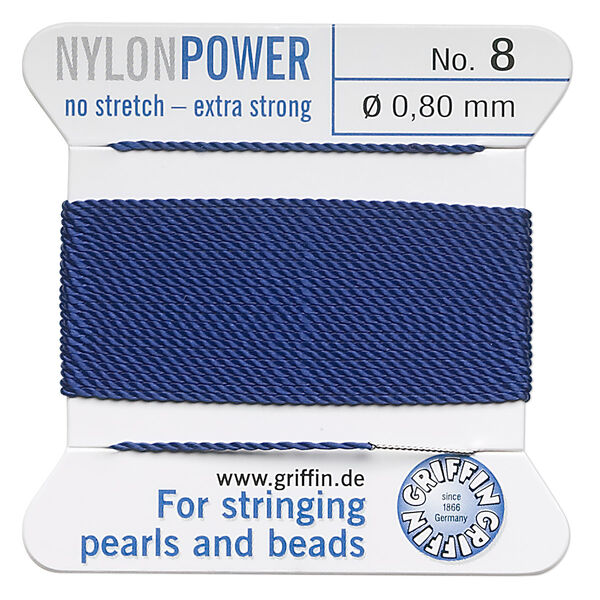 Thread, Griffin, nylon, dark blue, size #8. Sold per 2-meter card (approximately 78 inches). image number 0