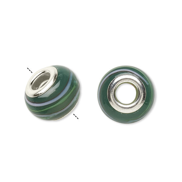Bead, Dione®, lampworked glass with silver-plated steel grommets, dark green and multicolored, 14x10mm rondelle with stripes, 4.5-5mm hole. Sold per pkg of 6. image number 0