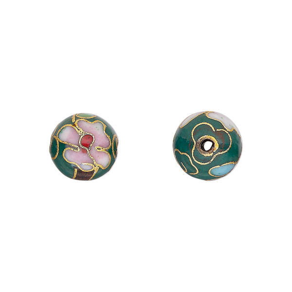 Bead, cloisonné, enamel and gold-finished copper, green / pink / red, 10mm round with flower design. Sold per pkg of 10. image number 0