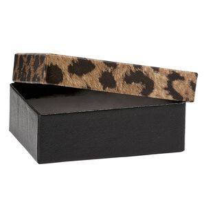 Box, leopard print, 3 x 2-1/8 x 1-inch rectangle with "cotton" filling. Sold per pkg of 10.