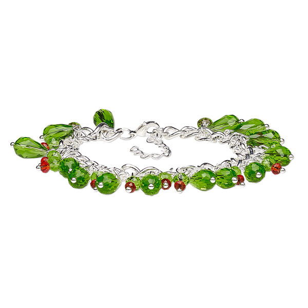 Bracelet, glass with silver-finished steel and "pewter" (zinc-based alloy), green and red, 27mm wide, 7 inches with 2-inch extender chain and lobster claw clasp. Sold individually. image number 0