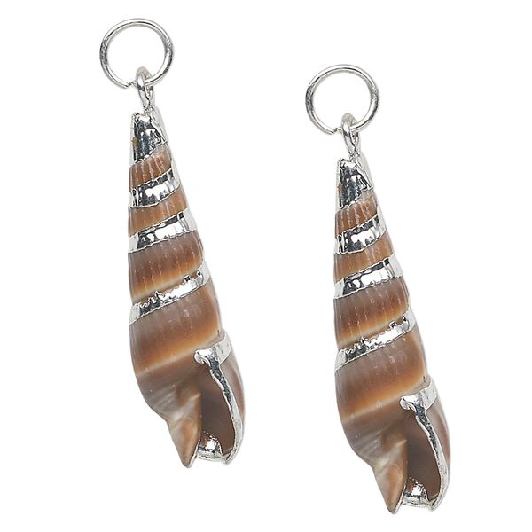 Drop, auger shell (natural) and silver-plated steel, 24x7mm. Sold per pkg of 2. image number 0