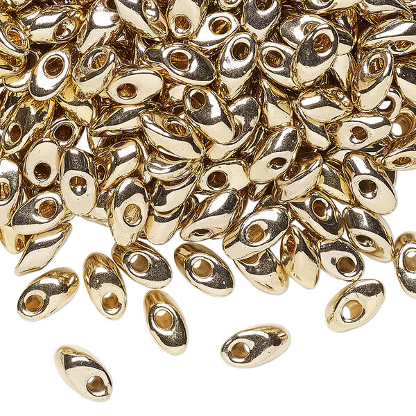 Seed bead, Miyuki, glass, pkg/250g, 7x4mm long magatama, opaque 24Kt gold-plated, (LMA-193). image number 0