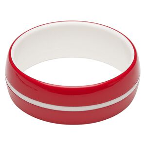 Bracelet, bangle, acrylic, red and white, 25mm wide with line design, 8 inches. Sold individually.