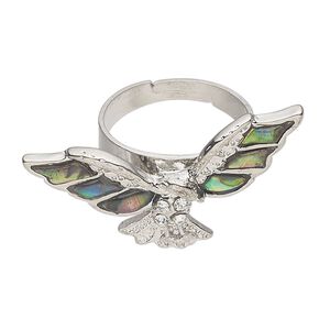 Ring 1pkg1 brass / paua shell / glass rhinestone, 38x19mm eagle, natural silver finish / clear