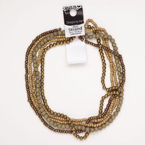 Bead mix glass 5pk 3x2mm-7x5mm round, opaque stardust brown tan 15 inch