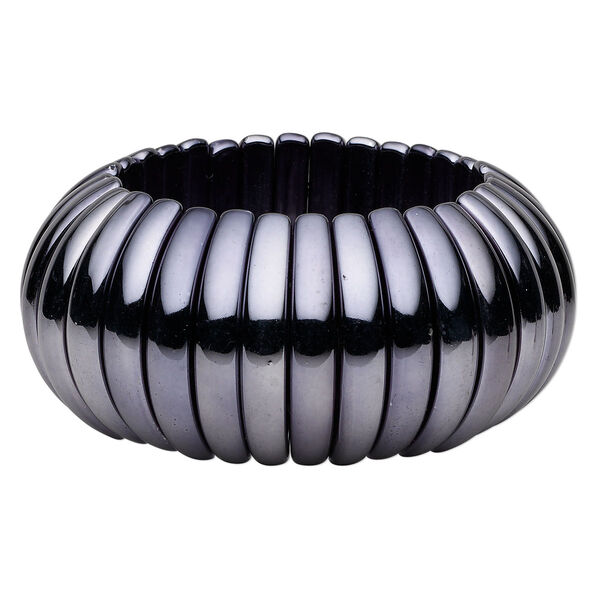 Bracelet, stretch, gunmetal-finished plastic, 35x13mm flat-sided rondelle, 6-1/2 inches. Sold individually. image number 0