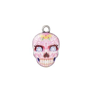 Charm, resin and antique silver-plated "pewter" (zinc-based alloy), multicolored, 17.5x14mm single-sided Dia de los Muertos skull with flower and diamond design. Sold individually.