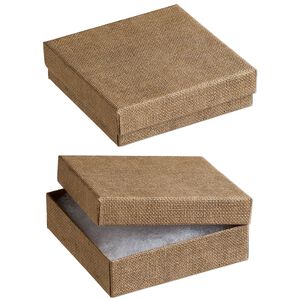 Box, paper and polyester, "cotton"-filled, brown, 3-1/2 x 3-1/2 x 1-inch square with linen texture. Sold per pkg of 10.