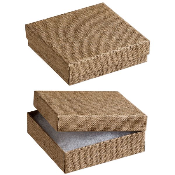 Box, paper and polyester, "cotton"-filled, brown, 3-1/2 x 3-1/2 x 1-inch square with linen texture. Sold per pkg of 10. image number 0