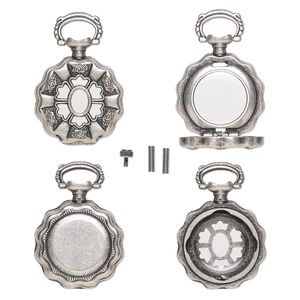 Watch body, acrylic and antique silver-finished "pewter" (zinc-based alloy), transparent clear, 41x27mm with 27mm round and flower design. Sold per 5-piece set.