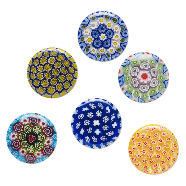 Component, millefiori glass, translucent multicolored, 24-26mm undrilled puffed flat round with flower design. Sold per pkg of 6. image number 0
