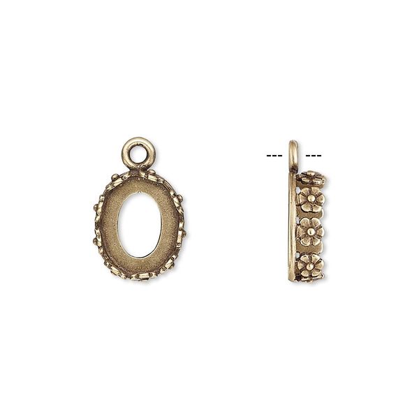 Drop, JBB Findings, antiqued brass, 12x10mm oval with open back and flower design trim, 10x8mm oval bezel setting. Sold per pkg of 2. image number 0