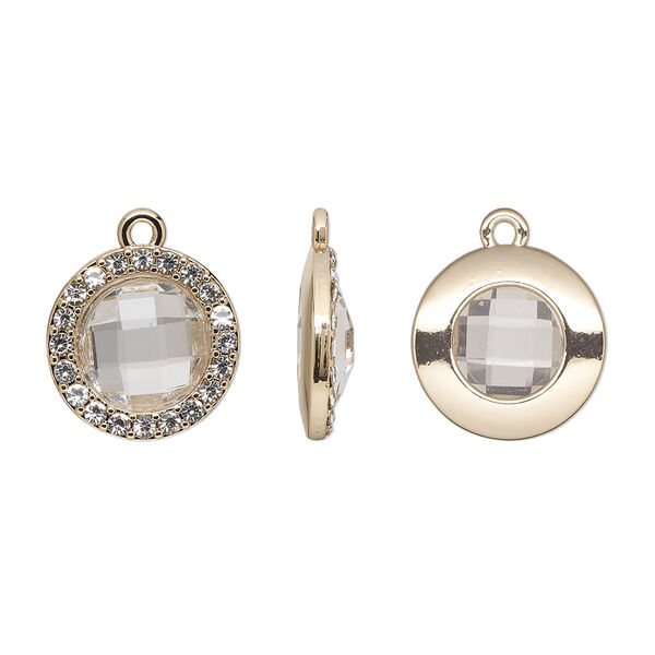 Drop, glass / glass rhinestone / gold-finished "pewter" (zinc-based alloy), transparent clear, 17mm single-sided round. Sold per pkg of 2. image number 0