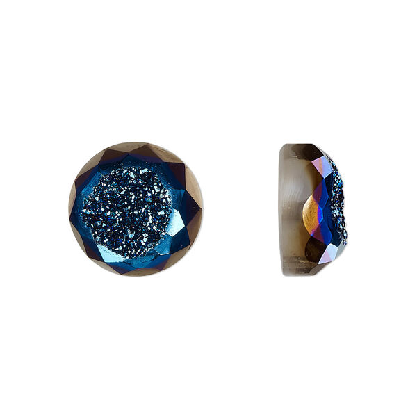 Cabochon, druzy agate (coated), blue, 12mm hand-cut loosely calibrated faceted round, B grade, Mohs hardness 7. Sold individually. image number 0