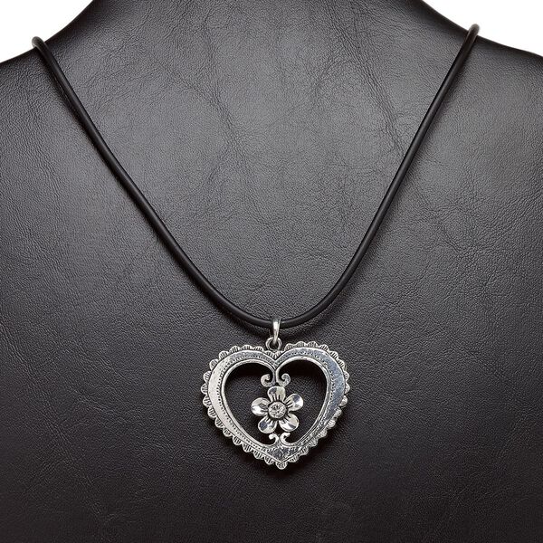 Necklace, glass rhinestone / plastic / antique silver-plated steel / "pewter" (zinc-based alloy), black and clear, 48x40mm open heart with flower, 21 inches with 3-inch extender chain and lobster claw clasp. Sold individually. image number 0