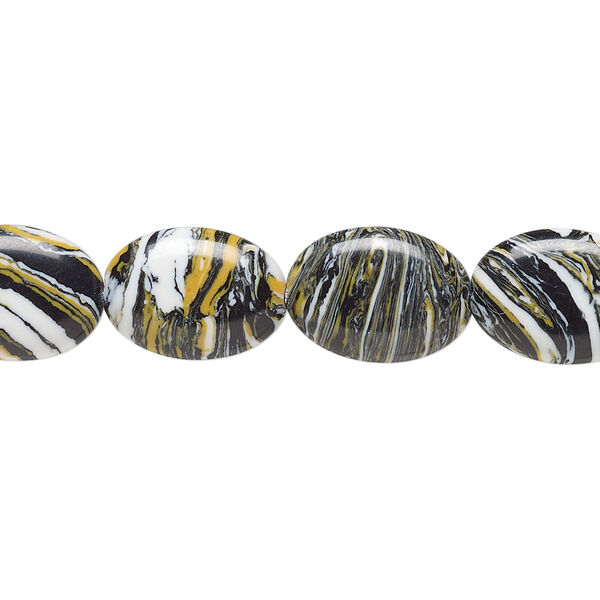 Bead, resin, black / white / dark yellow, 14x10mm flat oval. Sold per 15" to 16" strand. image number 0