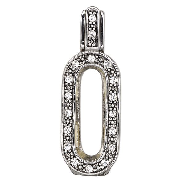 Pendant, Almost Instant Jewelry®, antique silver-plated brass / crystal / rubber, crystal clear, 34.5x12mm single-sided hinged oval with 21x7mm long classical oval setting. Sold individually. image number 0