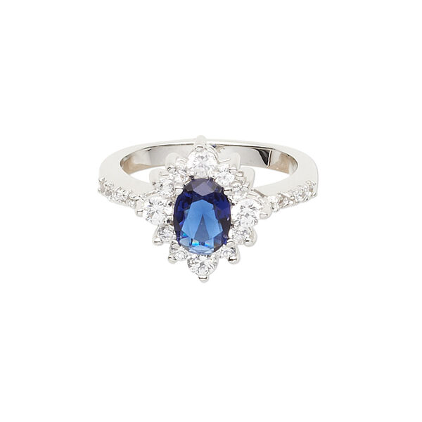Ring, glass / cubic zirconia / rhodium-plated brass, blue and clear, 15x14mm diamond with faceted oval, size 8. Sold individually. image number 0