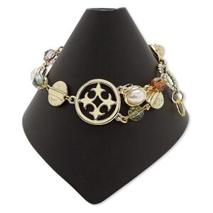 Bracelet, glass / acrylic / gold-finished steel / copper / "pewter" (zinc-based alloy), multicolored, 23mm wide, 6-1/2 inches with 3-inch extender chain and lobster claw clasp. Sold individually.