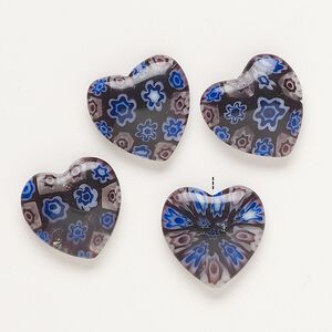 Bead, millefiori glass, translucent dark purple and multicolored, 18-20mm half-drilled puffed heart. Sold per pkg of 4.
