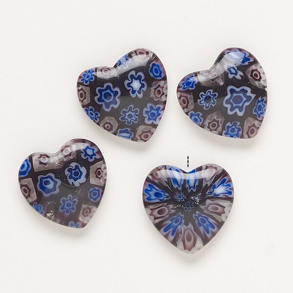 Bead, millefiori glass, translucent dark purple and multicolored, 18-20mm half-drilled puffed heart. Sold per pkg of 4. image number 0