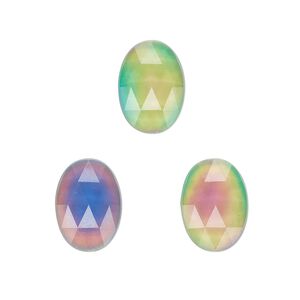 Cabochon, acrylic, multicolored, 14x10mm color-changing non-calibrated faceted oval. Sold per pkg of 6.