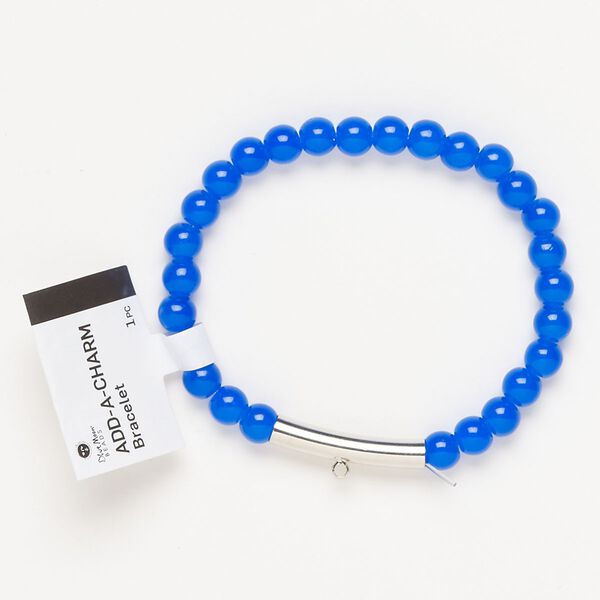 Bracelet, stretch, silver-finished brass and glass, blue, 6mm round and 25x5m round tube with bottom loop, 6-1/2 inches. Sold individually. image number 0