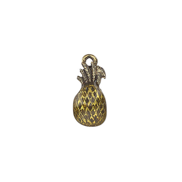 Charm, epoxy and antique gold-plated pewter (tin-based alloy), golden, 15.5x8mm single-sided pineapple. Sold per pkg of 2. image number 0