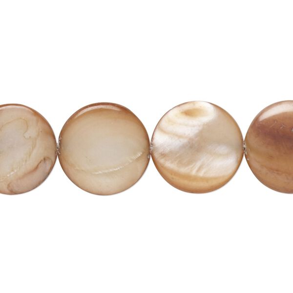 Mother-of-pearl shell 1pkg1, flat round bead 15 inch light brown 14-15mm image number 0