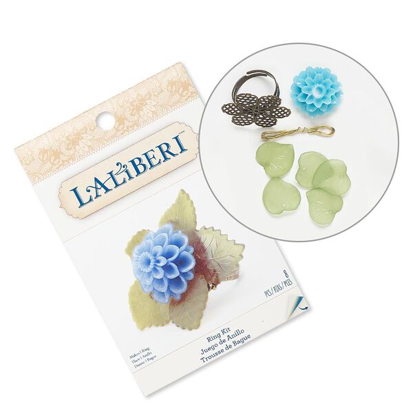 Ring kit, Laliberi™, acrylic and antiqued brass-finished steel, turquoise blue and green, flower. Sold per kit. image number 0