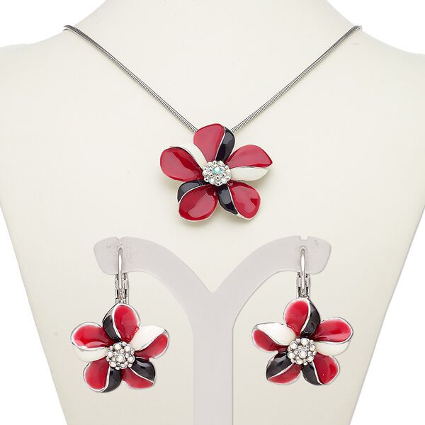 Necklace and earring set, enamel / glass rhinestone / silver-plated brass / steel / "pewter" (zinc-based alloy), multicolored, 57x55mm flower, 18-inch necklace with 2-inch extender chain and lobster claw clasp, 30mm earrings with leverback ear wire. Sold per set. image number 0