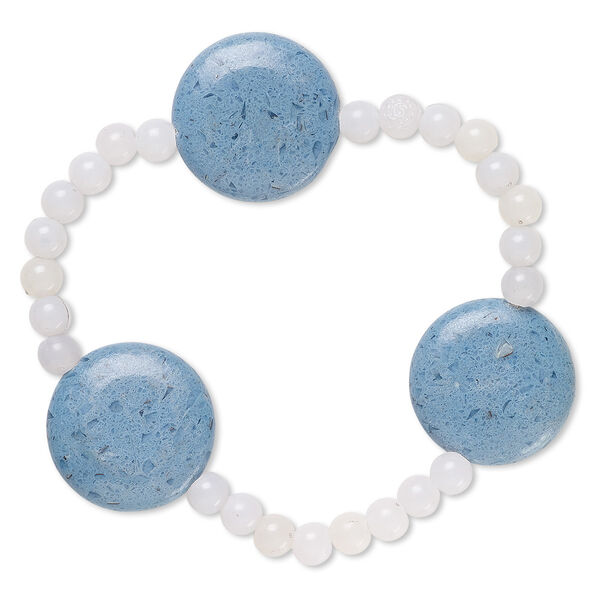 Bracelet, stretch, glass and acrylic, opaque grey and blue, 5mm round and 23mm puffed flat round, 7 inches. Sold individually. image number 0