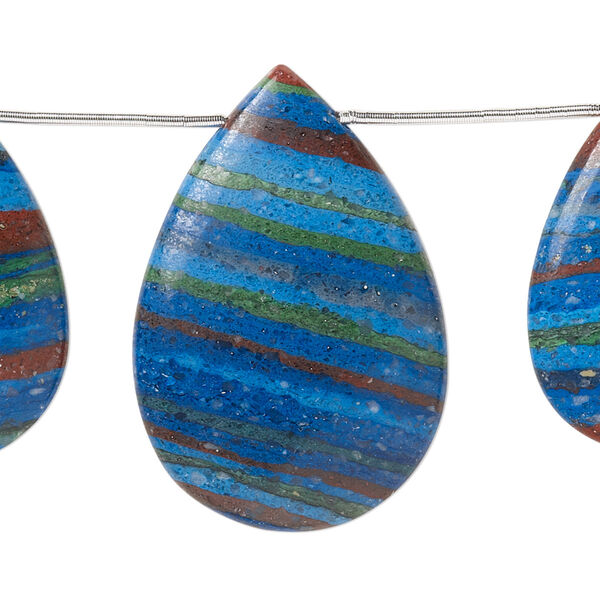 Bead, rainbow calsilica (assembled / stabilized), 24x17mm-34x23mm graduated hand-cut top-drilled flat teardrop, B grade, Mohs hardness 3 to 4. Sold per pkg of 5. image number 0