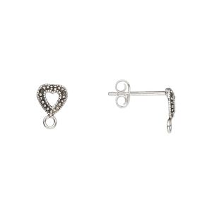 Earstud 1pkg2 sterling silver / marcasite (natural), 6mm open heart / closed loop / earnuts, 1 pair