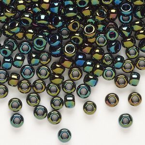 Seed bead, Miyuki, glass, pkg/25g, #6 rocaille, opaque metallic iris forest green (RR-453).