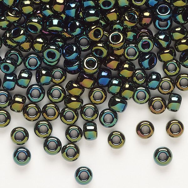 Seed bead, Miyuki, glass, pkg/25g, #6 rocaille, opaque metallic iris forest green (RR-453). image number 0
