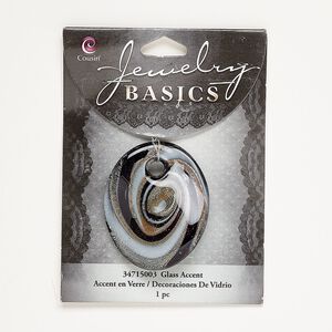 Focal, lampworked glass, black and white with silver-colored foil and copper-colored glitter, 45x27mm twisted oval. Sold individually.