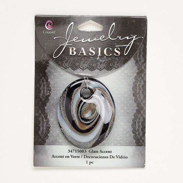 Focal, lampworked glass, black and white with silver-colored foil and copper-colored glitter, 45x27mm twisted oval. Sold individually. image number 0