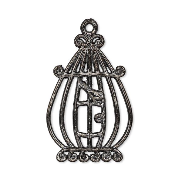 Focal, gunmetal-finished "pewter" (zinc-based alloy), 31x21mm single-sided bird in cage. Sold per pkg of 4. image number 0