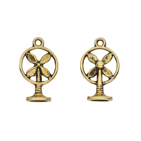 Charm, antique gold-finished "pewter" (zinc-based alloy), 17x12.5mm 3D fan. Sold per pkg of 4. image number 0
