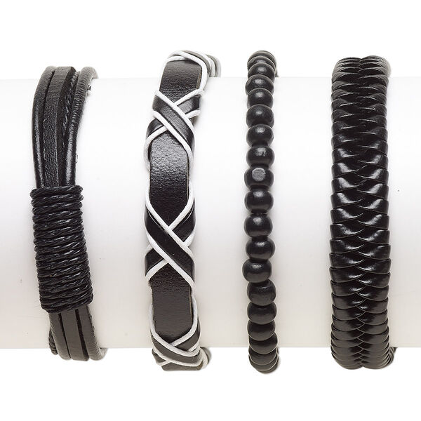 Bracelet mix, Everyday Jewelry, leather (dyed) / faux leather (dyed) / Japanese pagoda wood / waxed cotton, black and white, 5-12mm wide, 7-8 inches. Sold per pkg of 4. image number 0
