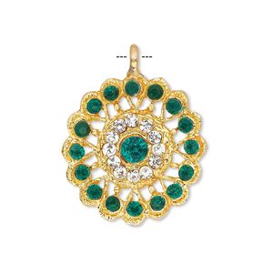 Pendant, glass rhinestone and gold-finished "pewter" (zinc-based alloy), clear and green, 23mm round. Sold individually.