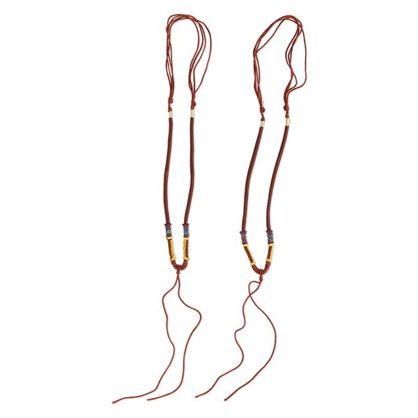 Necklace cord, macramé, jadeite (natural/dyed) and imitation silk, copper and multicolored, 2-3.5mm wide with 5-1/2 inch dangle, 20 inches with slip knot closure. Sold per pkg of 2. image number 0