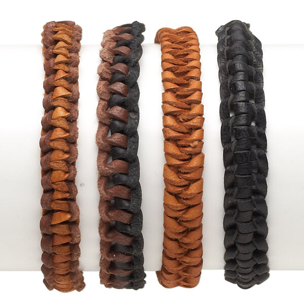 Bracelet mix, leather (dyed), brown / black / tan, 10mm wide, adjustable from 6 to 7-1/2 inches with tie closure. Sold per pkg of 4. image number 0