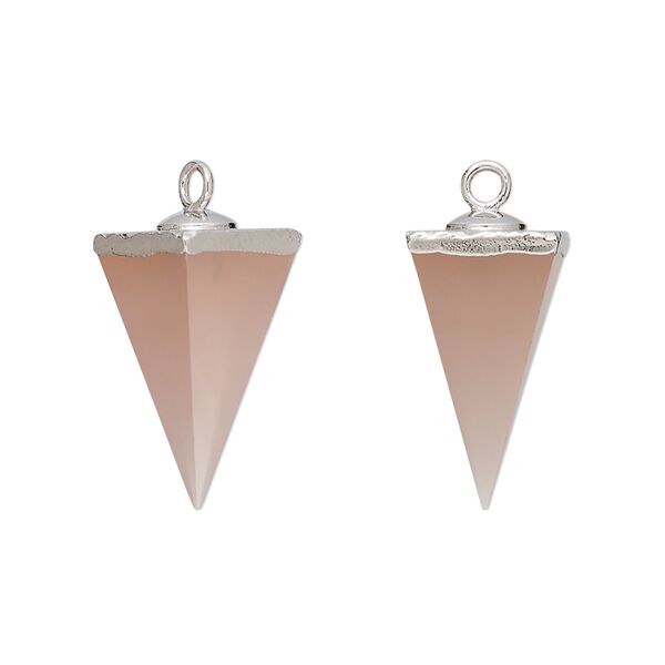 Drop, silver-plated pink chalcedony (dyed) and electroplated sterling silver, 19x9mm-20x10mm hand-cut 3D 4-sided point, Mohs hardness 6-1/2 to 7. Sold individually. image number 0